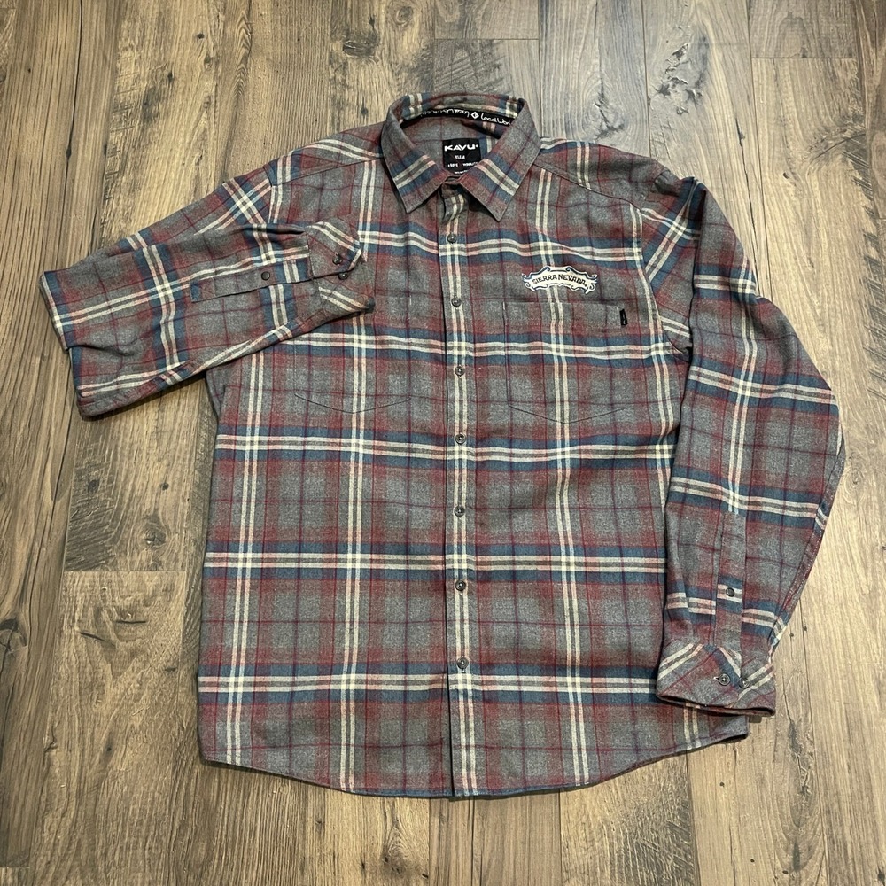 KAVU Mens XL Plaid Snap Front Flannel Shirt Sierra Nevada Grey Red Blue Logo